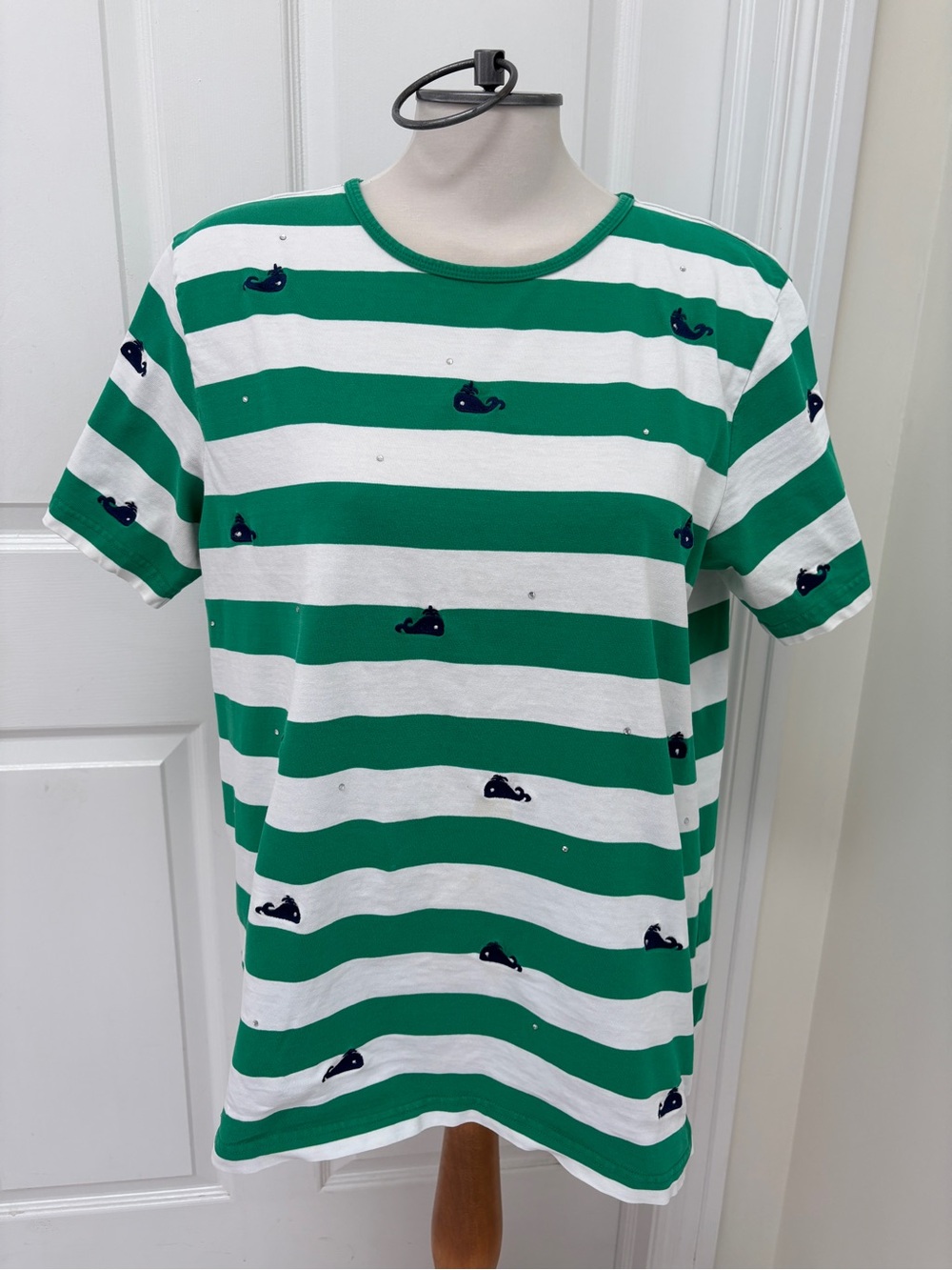 The Quacker Factory Women's Green & White Striped Short Sleeve Tee plus size